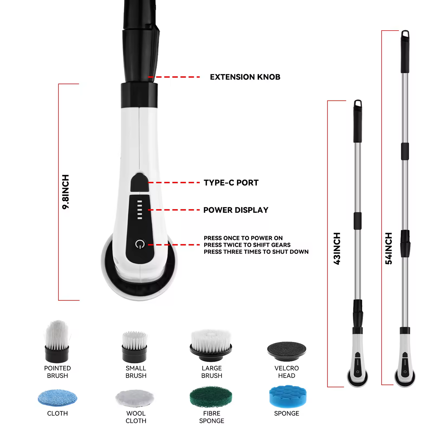 Power Spin Scrubber with Long Handle & 7 Brush Heads